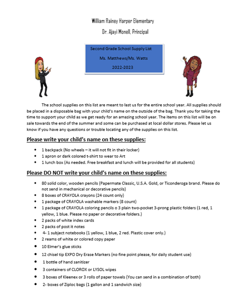 2nd grade supply list